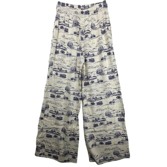 Nasty Gal Womens Pants Sz 4 Ivory/Blue Toile de Jouy Wide-Leg Palazzo Pull-On - Picture 2 of 10